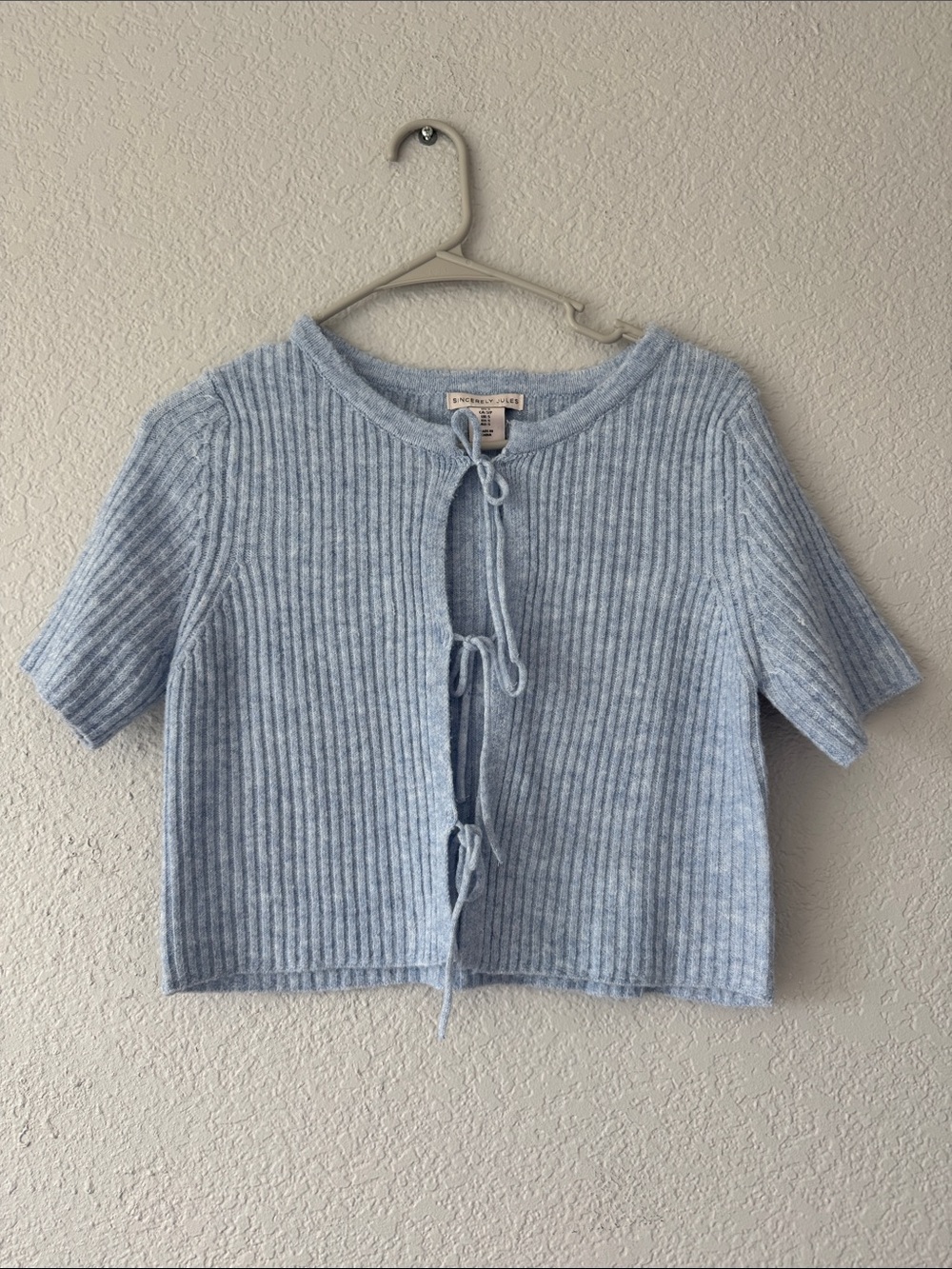 Sincerly Jules Light Blue Ribbed Tie-Front Sweater Top